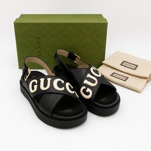 NWT Gucci Black & White Logo Appliqué Leather Slingback Unisex Sandals Size 36.5